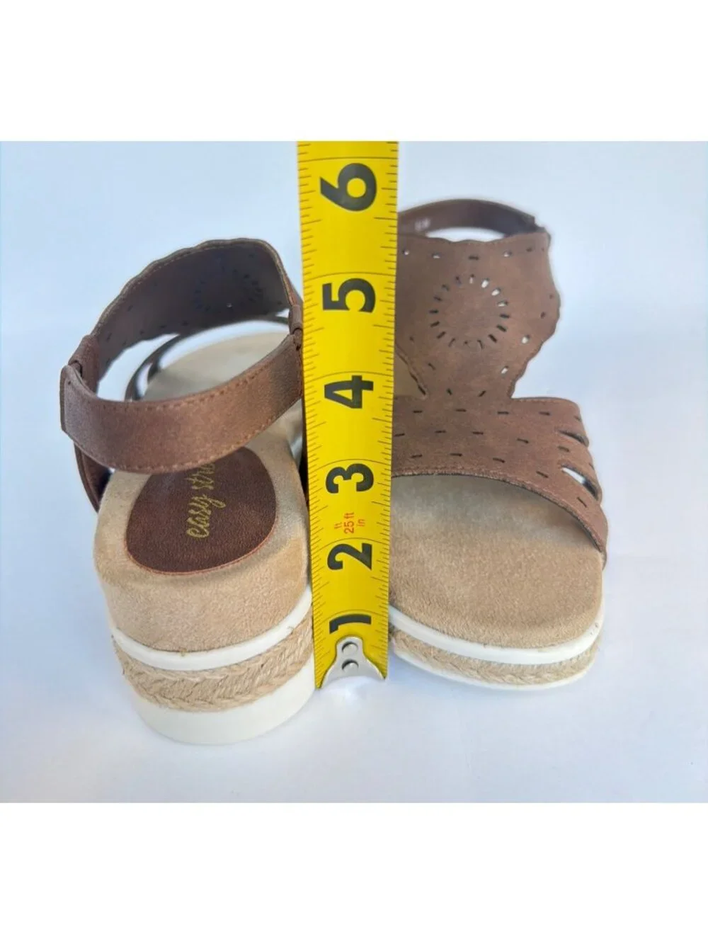 Easy Street Fran Wedge Sandals Tan Brown Pleather Shoes Size 8.5